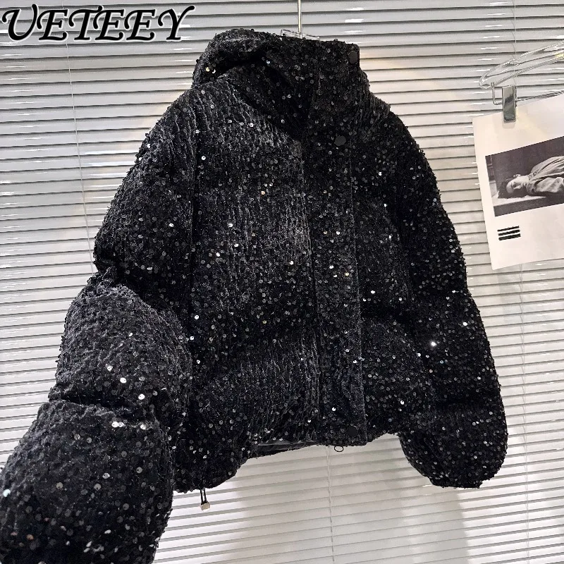 

Новая зимняя модная теплая короткая хлопковая куртка с капюшоном и тяжелыми пайетками, повседневное универсальное однотонное хлопковое пальто с длинными рукавами, модное