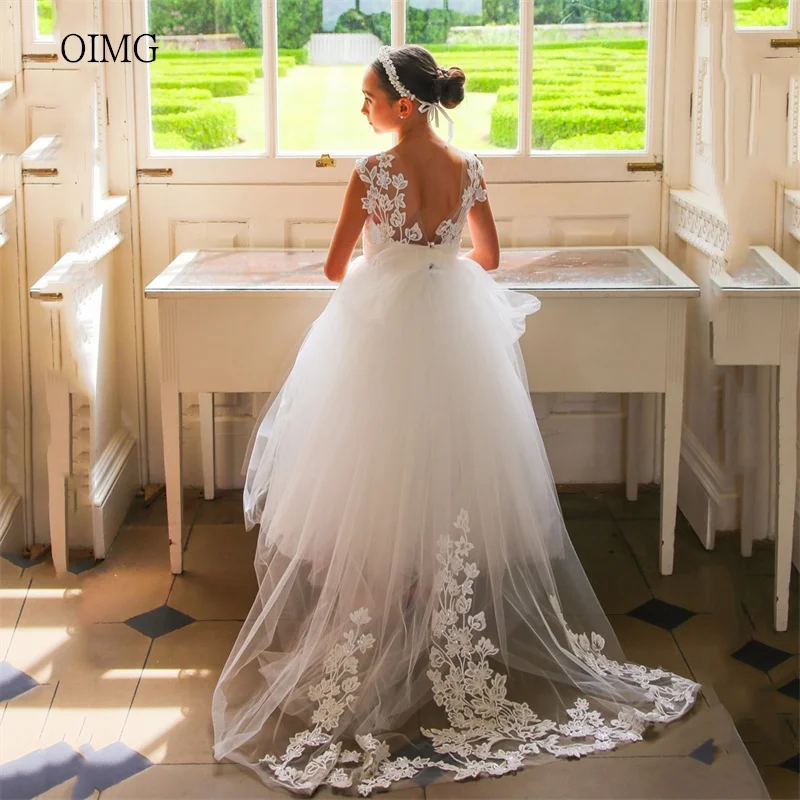 فساتين OIMG الفاخرة من الدانتيل برقبة دائرية على شكل حرف a لفتاة الزهور بذيل طويل لحفلات الزفاف بطول الكاحل فستان عيد الميلاد niñas مخصص #1