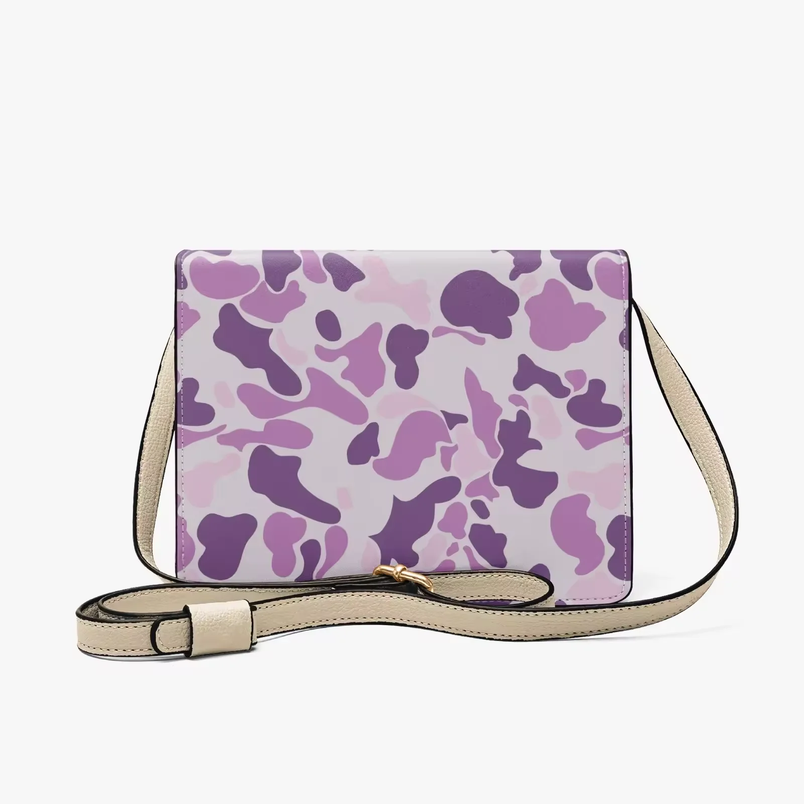Customized Purple Camo Print PU Leather Crossbody Bag Women Small Square Flap Shoulder Bag with Adjustable Strap for Daily Use