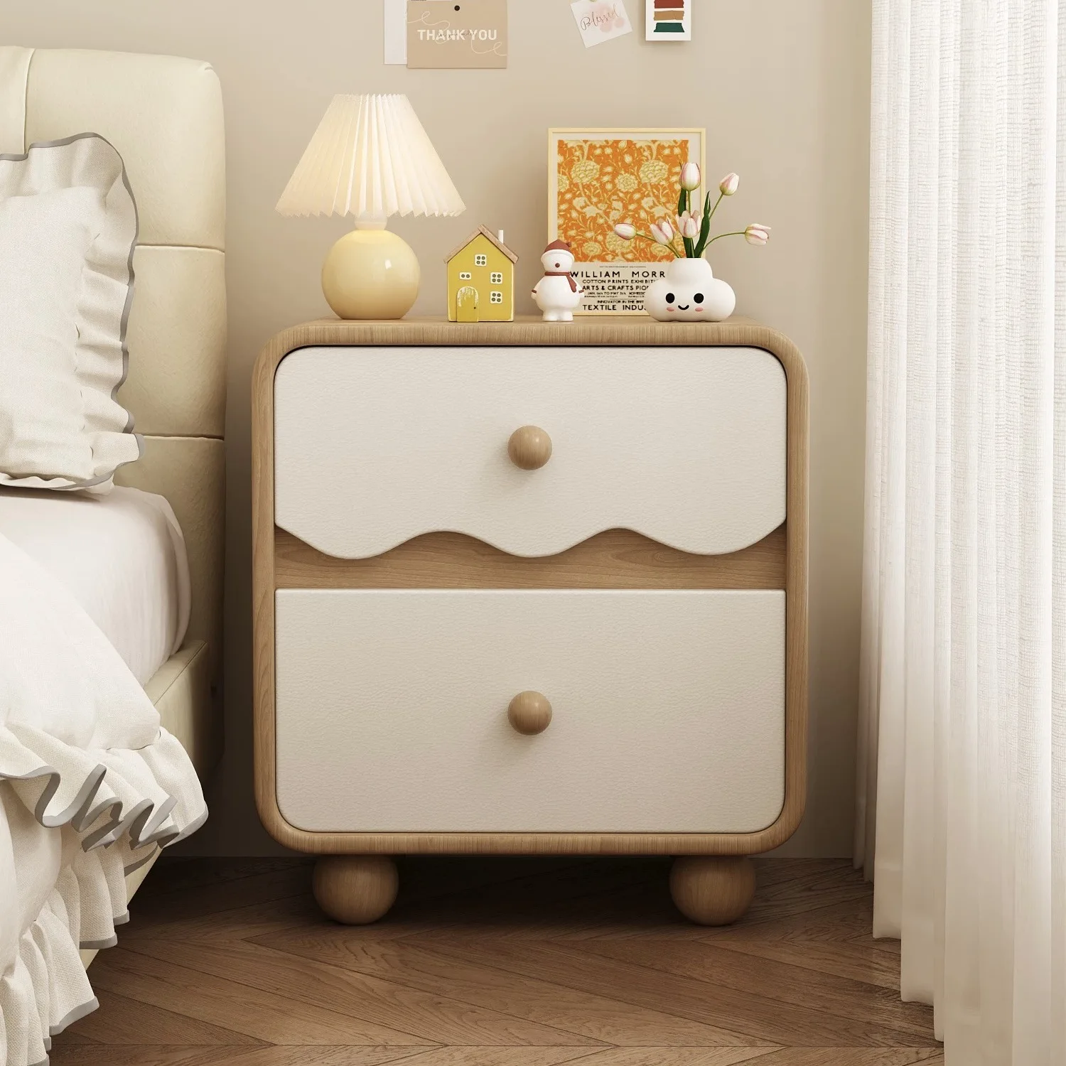 

Kids Bedside Table Solid Wood Wavy Pattern Storage Cabinet Small Antique Light Luxury Design