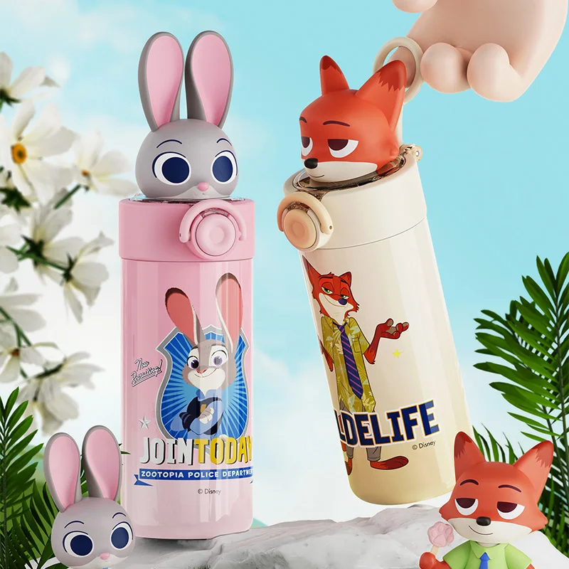 Disney Judy Nick Thermosbecher, 316 Edelstahl-Kaffeetasse, 450 ml, Pop-up-Deckel mit Strohhalm, auslaufsicherer Geschenkbecher