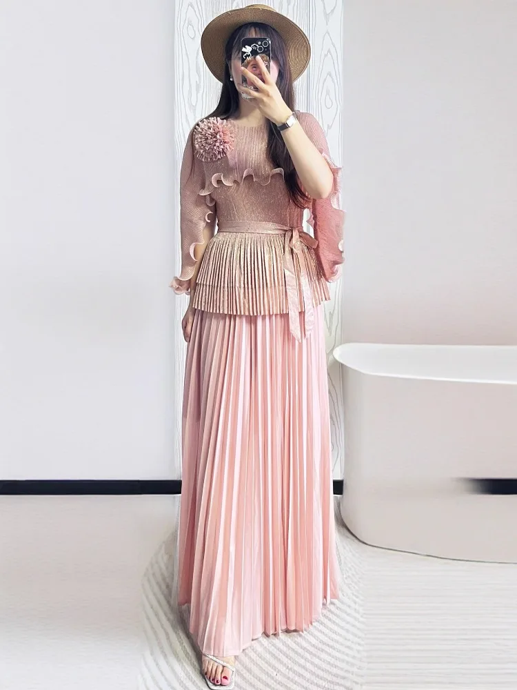 2025 African Miyake Pleated Printing Bronzing Set Irregular Top + Skirt Two-piece Set Loose Women's Clothing