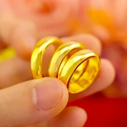24K Pure Plated Real 18k Yellow Gold 999 24k Plain Smooth Face Personality Money Seeking Couple Ring for Men and Women Coupl