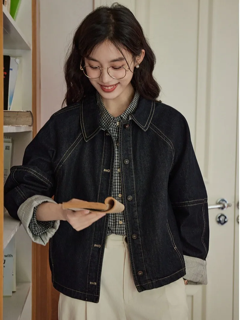 

Casual Versatile Women's Denim Jaet Loose Fit College Sle Autumn New Arrival Japanese Design ort Top Warm Cotton Polyester