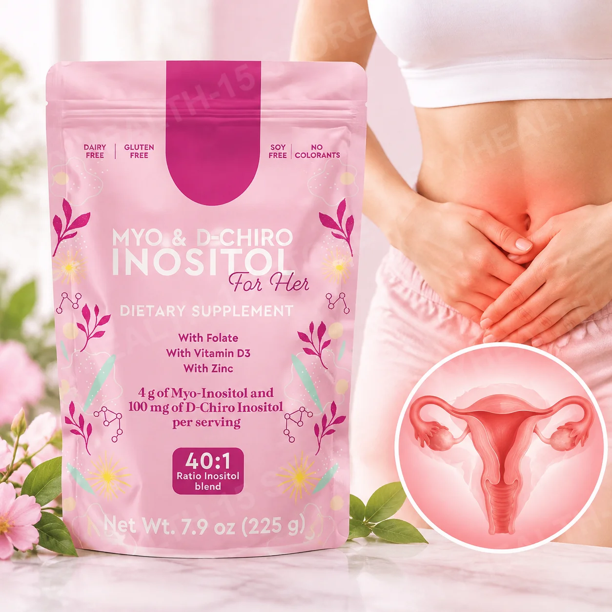 Myo & D-Chiro Inositol Powder for Hormonal Balance & Menstrual Wellness, 40:1 Blend with Folate, Vitamin D3 & Zinc, 225g