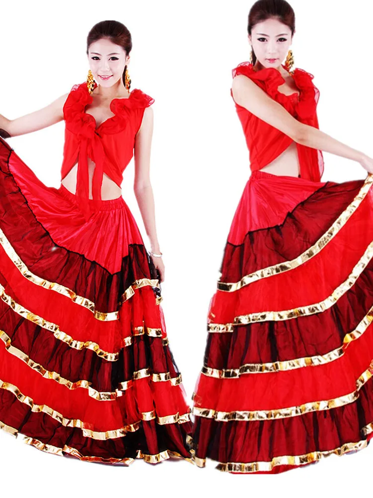 Women Ballroom Spanish Flamenco Dance Skirt Red Dancer Fancy Dress Costume Belly Dancing Skirts 360/540/720 Degree