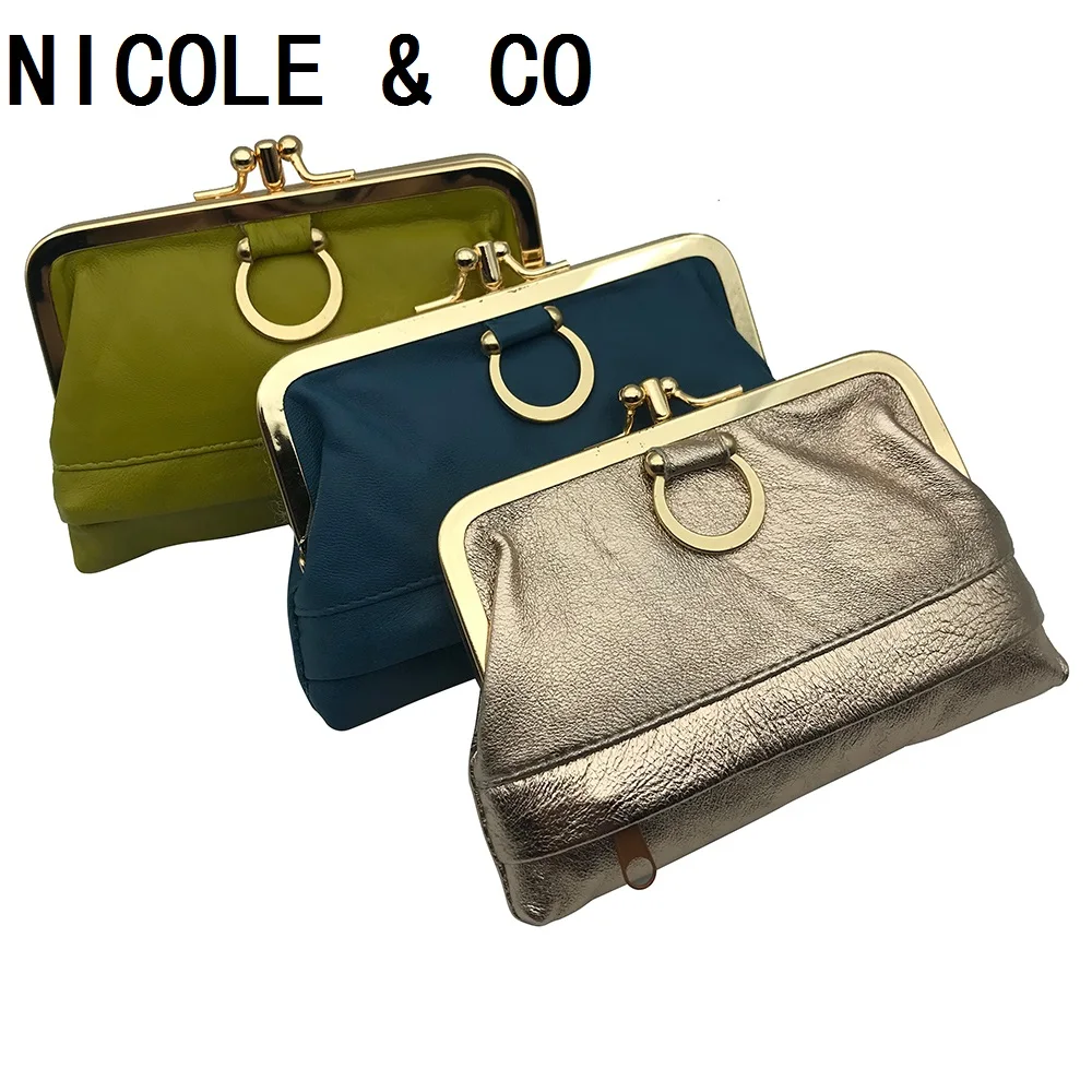 NICOLE & CO Genuine Leather Coin Purse Womens Sheepskin Change Purse Metal Hasp Closure Card Holder Wallet Zipper Small Bag