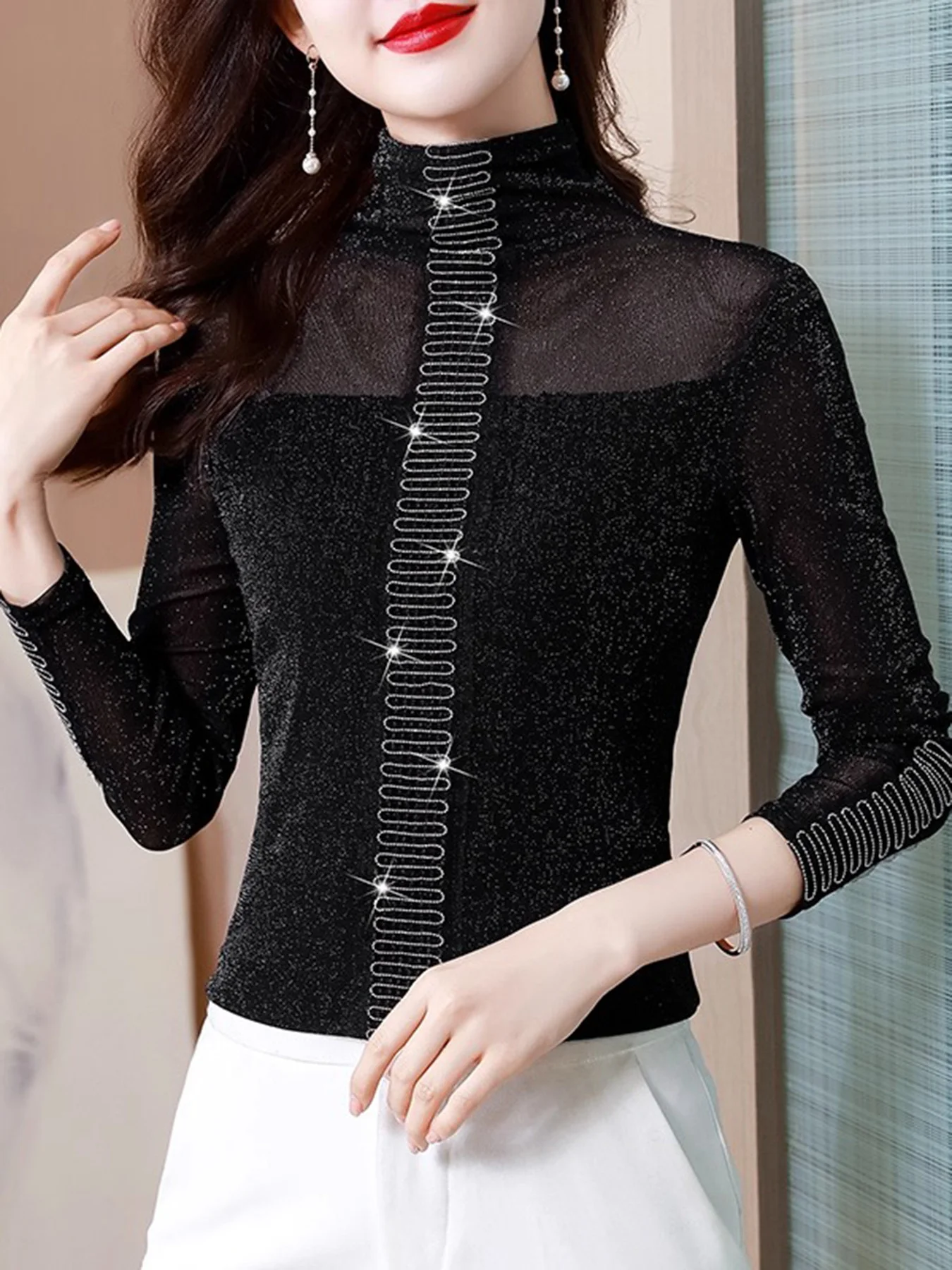 Chemise à manches longues transparente à col haut, impression sérigraphique brillante, haut élégant pour femme