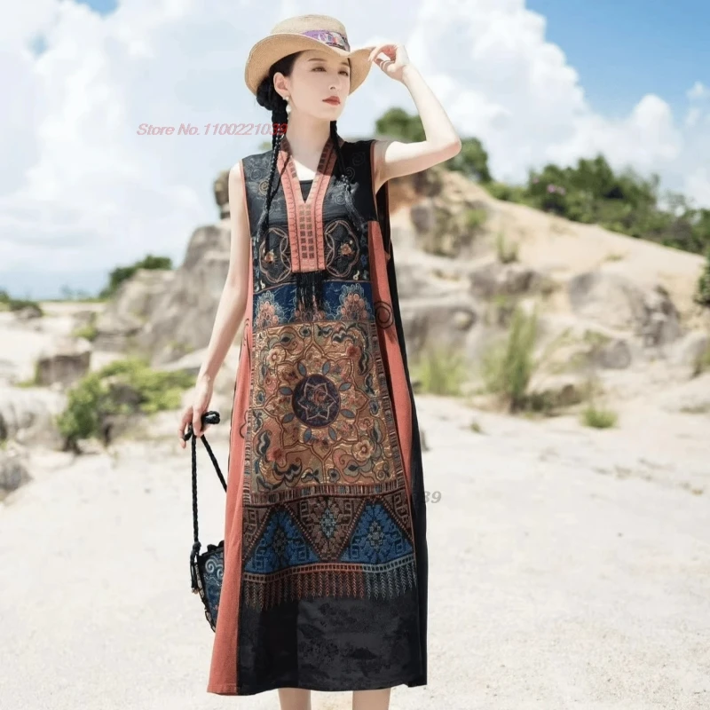 

2024 chinese vintage hanfu folk dress national flower embroidery sleeveless patchwork dress oriental jacquard ethnic loose dress