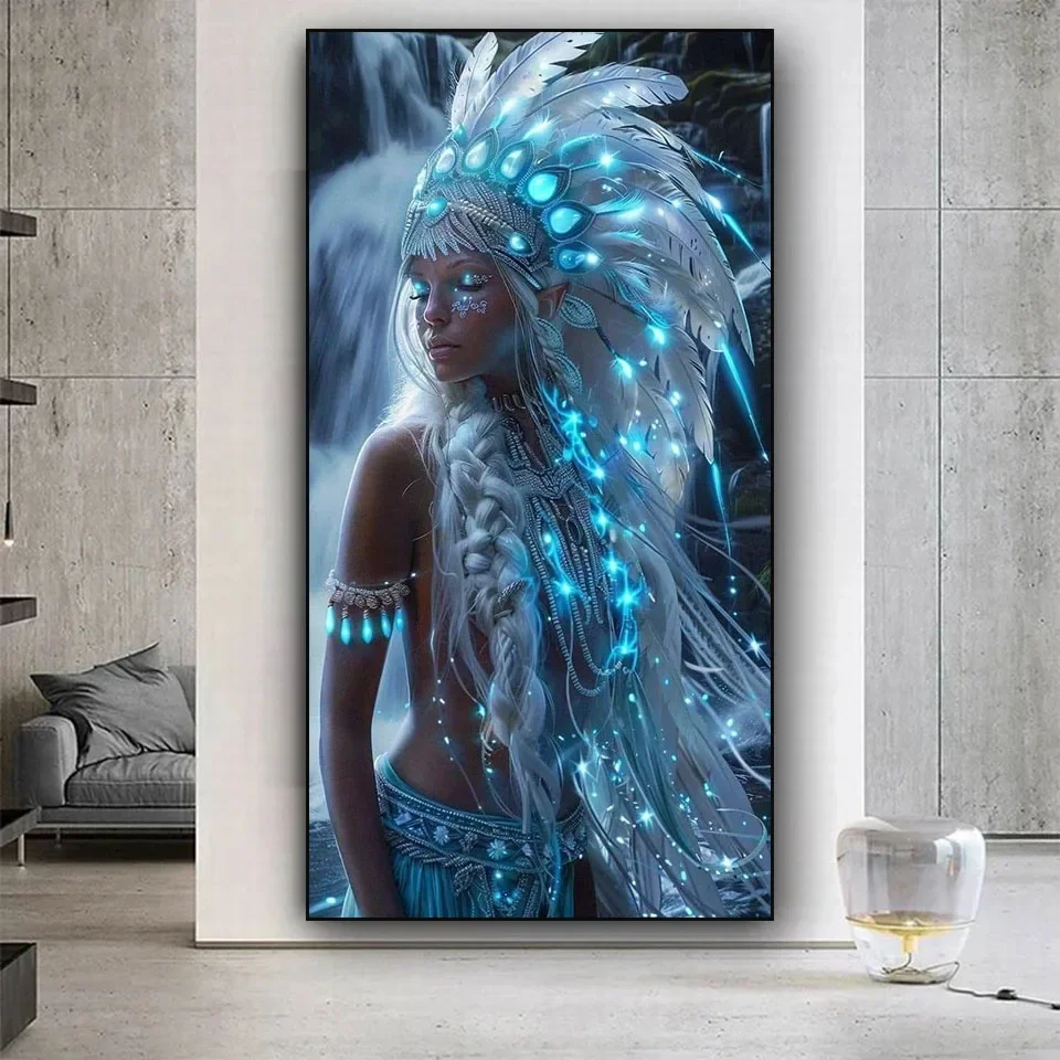 Fluorescent Tribe Woman Large 5D Diy Diamond Arts Painting Large Size Feather Scenery Portrait Full Mosaic Diamond Embroidery