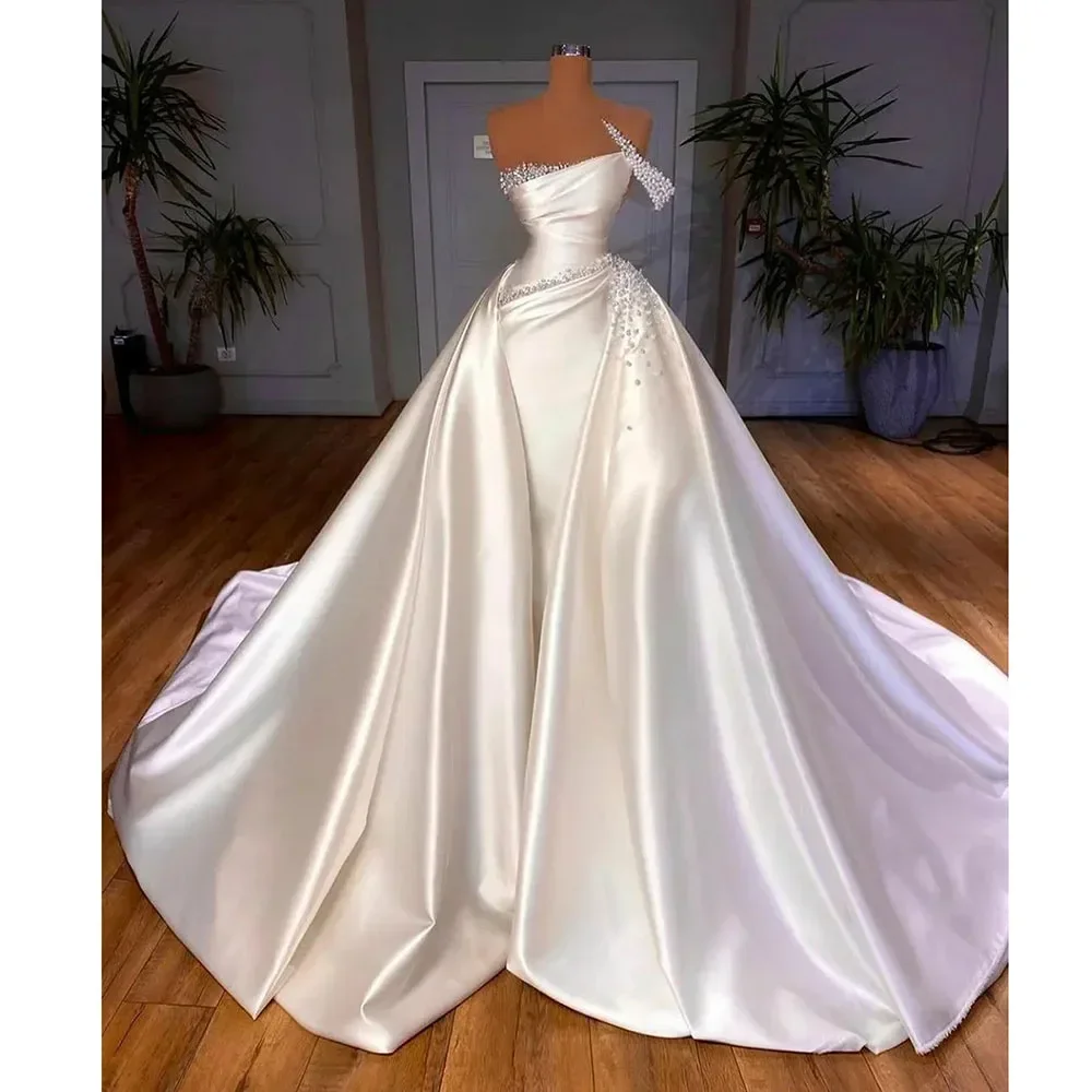 

Elegant White Pearls Bride Dress Chic Sleeveless Beads A-Line Gowns with Detachable Tail Fashion Court Train Wedding Dress 2024