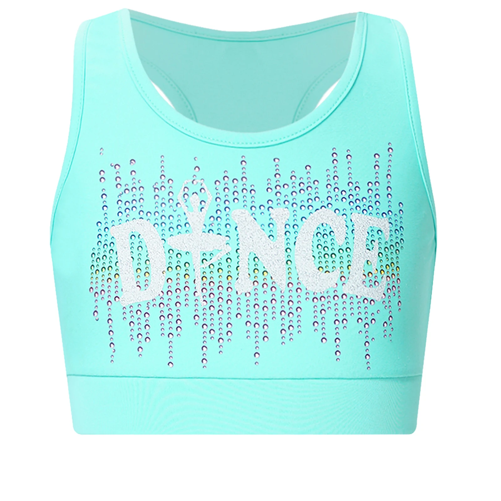 Kids Girls Sports Vest Sleeveless Shiny Rhinestone Racerback Crop Tops Gymnastics Dance Performance Workout Tank Top Sportswear