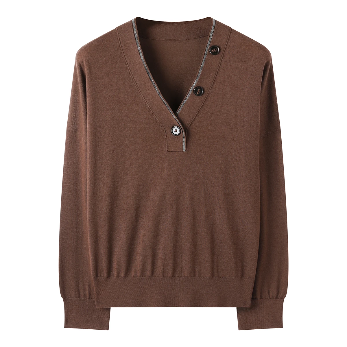 BD4521230 Suéter feminino 100% lã manga comprida com decote em V e botões decorativos para outono