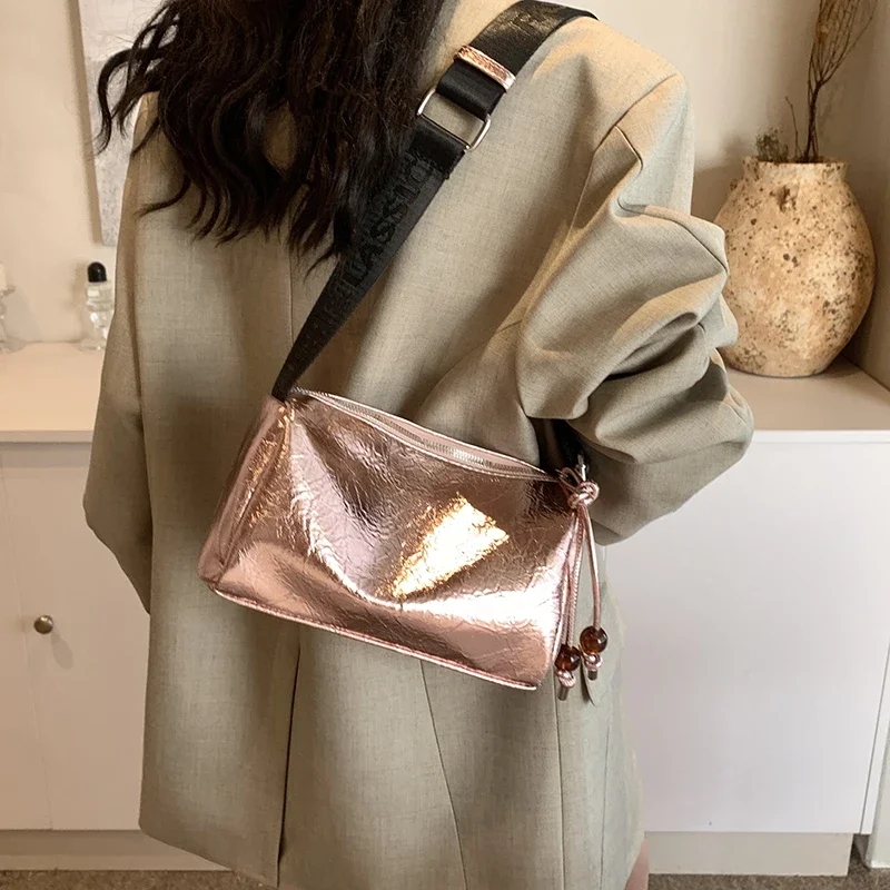 Small Gold Cute PU Leather Shoulder Bag Lady Handbags and Purses Women 2024 Korean Fashion Solid Color Crossbody Bucket Bag