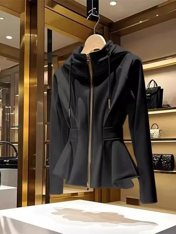 

New Spring Fashion Hooded Coat Women Casual Slim Waist Zipper Solid Color Long Sleeve Jumpers Jacket Elegant Outwear Clothing