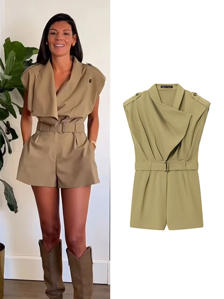 

TFMLN короткий комбинезон для женщин, элегантный пояс, комбинезоны для отдыха, цельный комбинезон, модный комбинезон без рукавов с подплечниками, комбинезоны