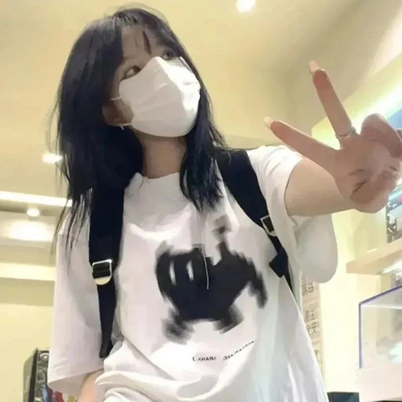 

Harajuku Goth Short Sleeve Y2K Style Kitty Print Fairy E-girl White Crop Top Slim Star Streetwear Cultivate oneself sexy T-shirt