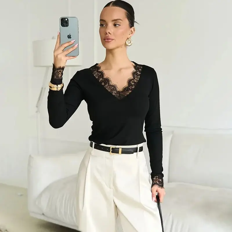 

Tornova Women's V-ne Lace T-irt Sexy Navel Pullover Top Cleanfit Sle A-line Sve Other Material 00% Linen