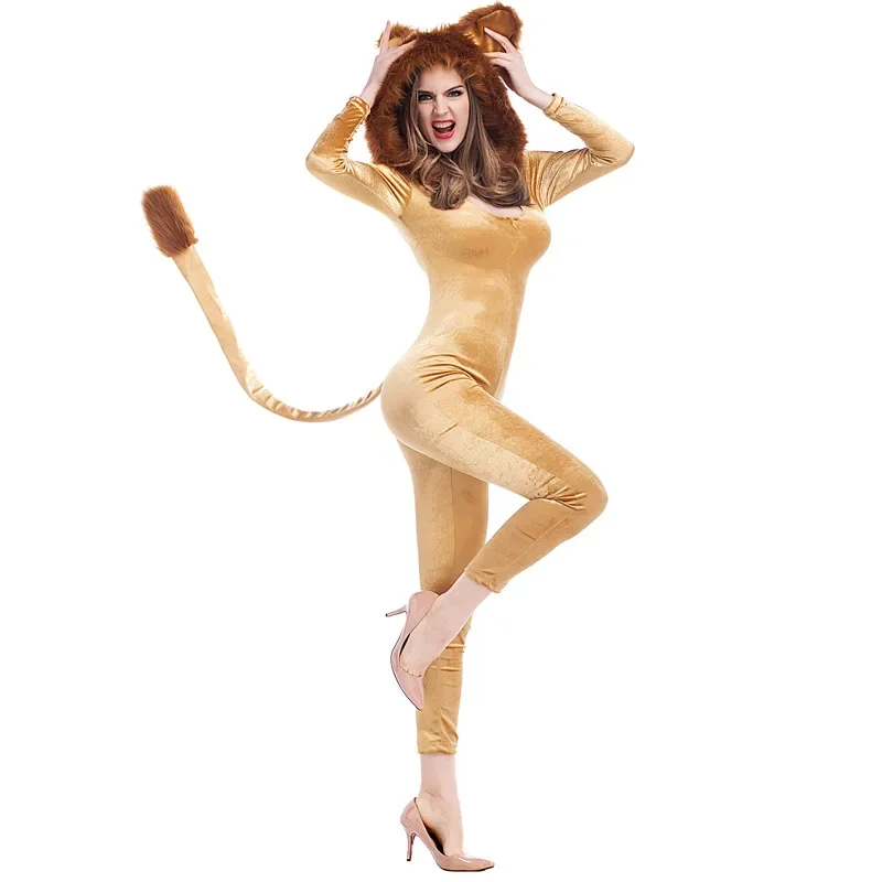 Adult Kids Animal Cartoon Lion Plush Hooded Jumpsuit With Tail Halloween Costume For Women Baby Girls Lion King Cosplay