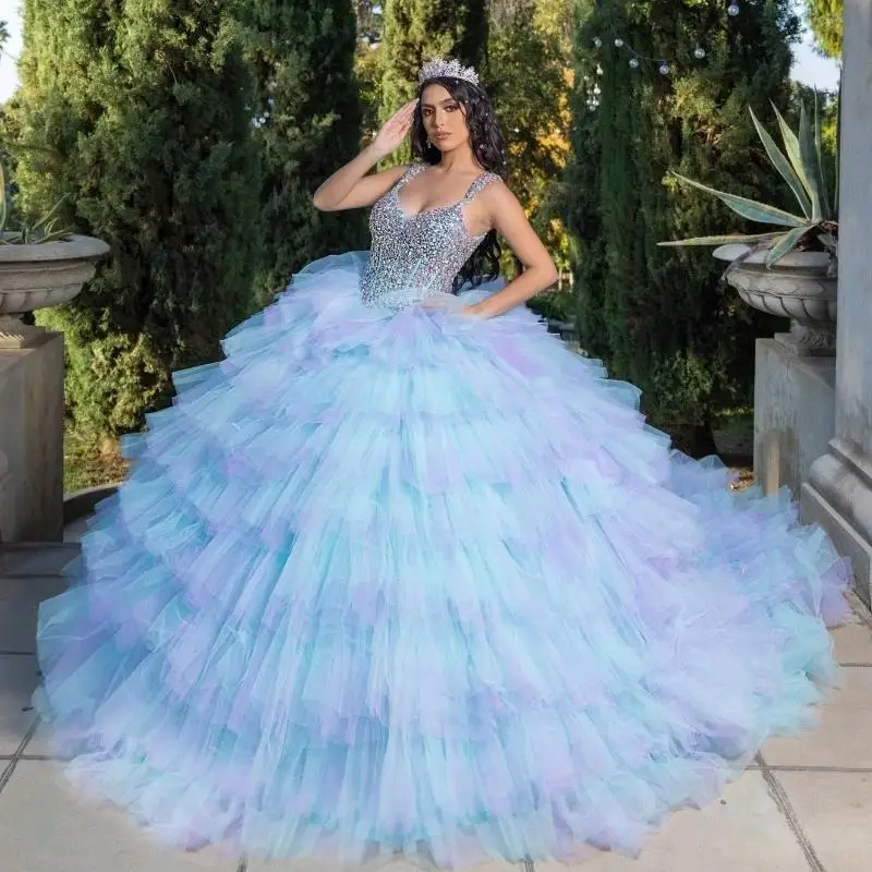 

Sky Blue Lilac Quinceanera Dresses Mexican Sweet 16 Birthday Dress Spaghetti Strap Beads Crystal Tiered Tull Ruffle Vestidos 15