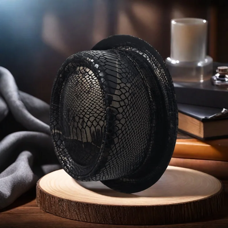 Fashion Men Leather Fedora Hat Dad Pork Pie Hat Boater Flat Top Hat For Gentleman Bowler Gambler Top Hat 57-59CM