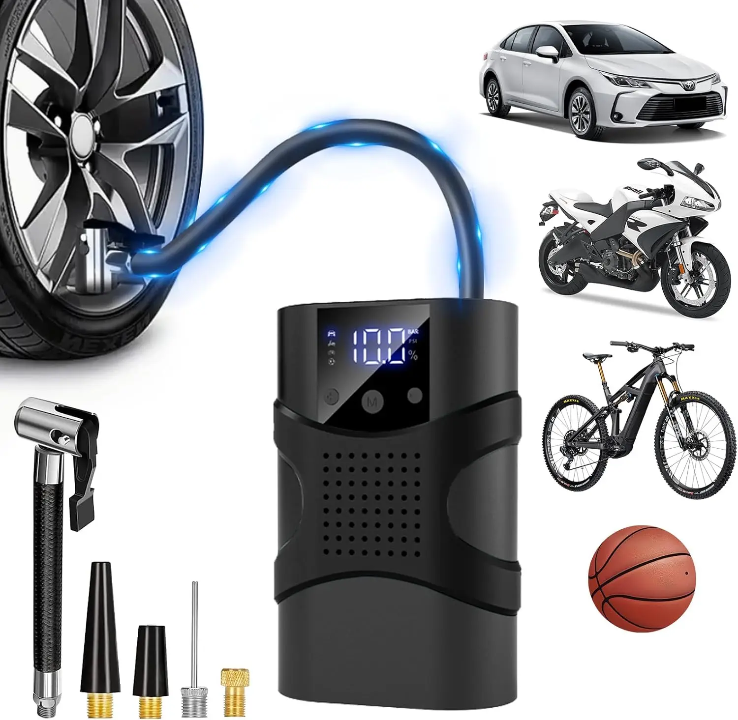 

Portable Tire Inflator 150PSI, Cordless Air Compressor with LED Light & Digital Gauge, Auto Shut-off Smart Pump for Car, SUV, Tr