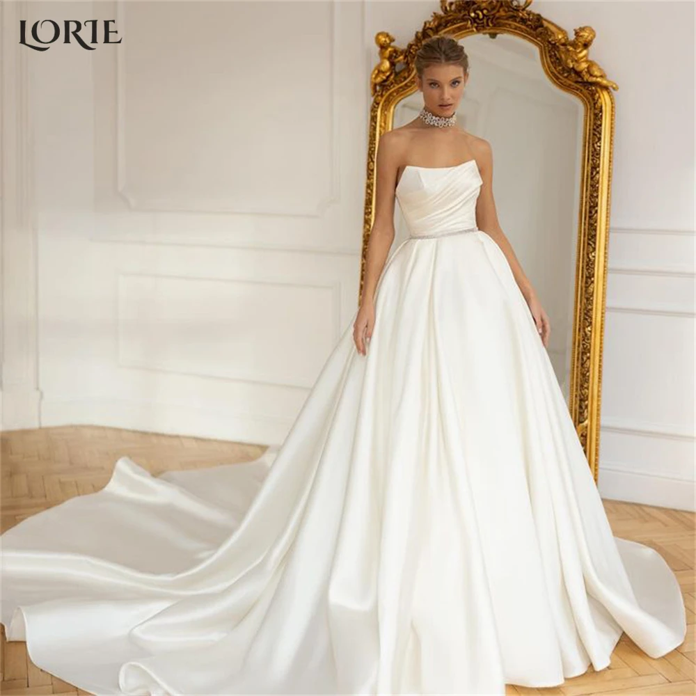 

LORIE Vintage Satin Wedding Dresses Pleated Off Shoulder Square Collar A-Line Bridal Gowns Backless Princess Bride Dress 2023