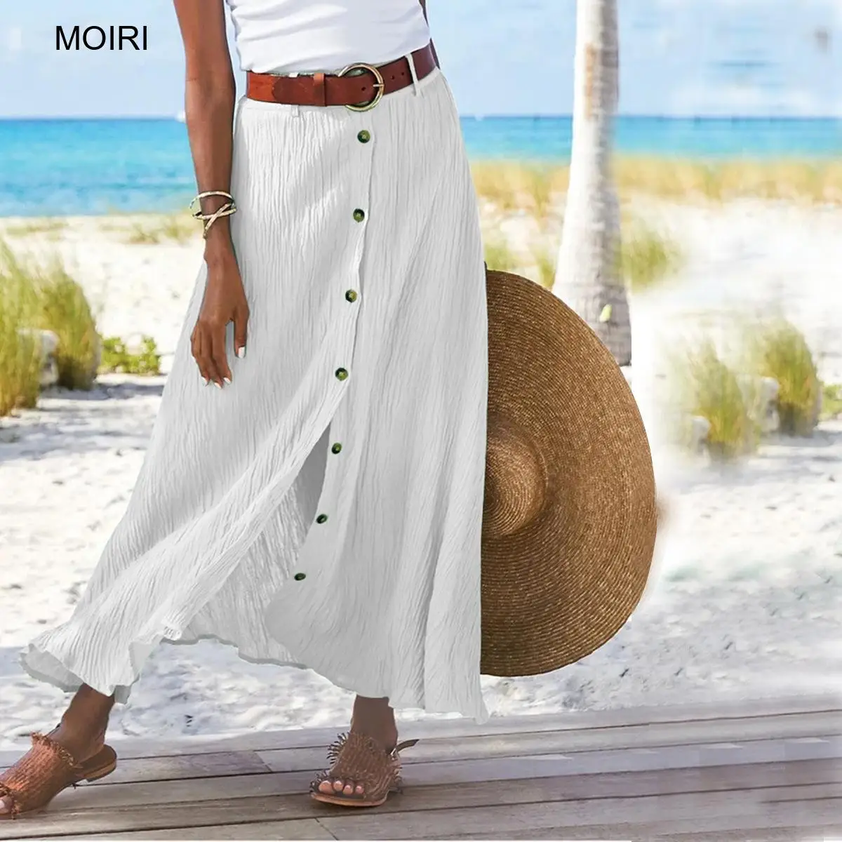 Women Cotton Linen Long Skirt Mid Waist A Line Silhouette With Side Slit Design Casual Flowy Maxi Skirt Suitable For Beach Vaca