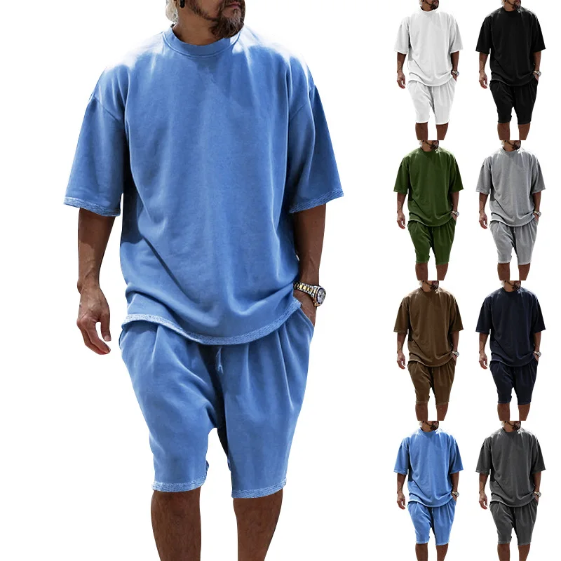 Popular Summer Suit Men's Solid Color Round Neck T-shirt Short-sleeved Shorts Loose Sportswear