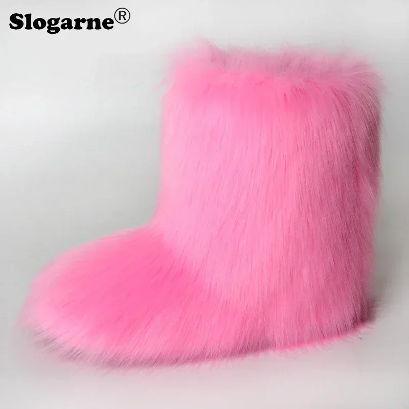 Women\'s Winter Faux Fox Fur Boots Outdoor Luxury Furry Snow Boots Woman Plush Warm Platform Shoes New Fashion Bottes Big Size 44