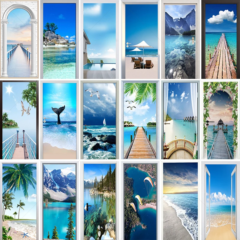 Blue Seaside Background Door Sticker PVC Waterproof Self-adhesive Mural Removable Decorative Bathroom Wardrobe Sliding Door