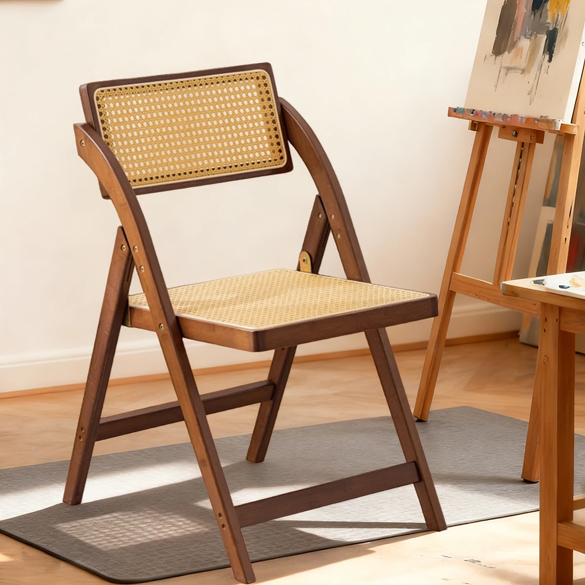 

Space-Saving Bamboo Resin Rattan Folding Chair (Raw/Walnut) - Ventilated Back/Seat, Portable for Kitchen-Balcony-Outdoor