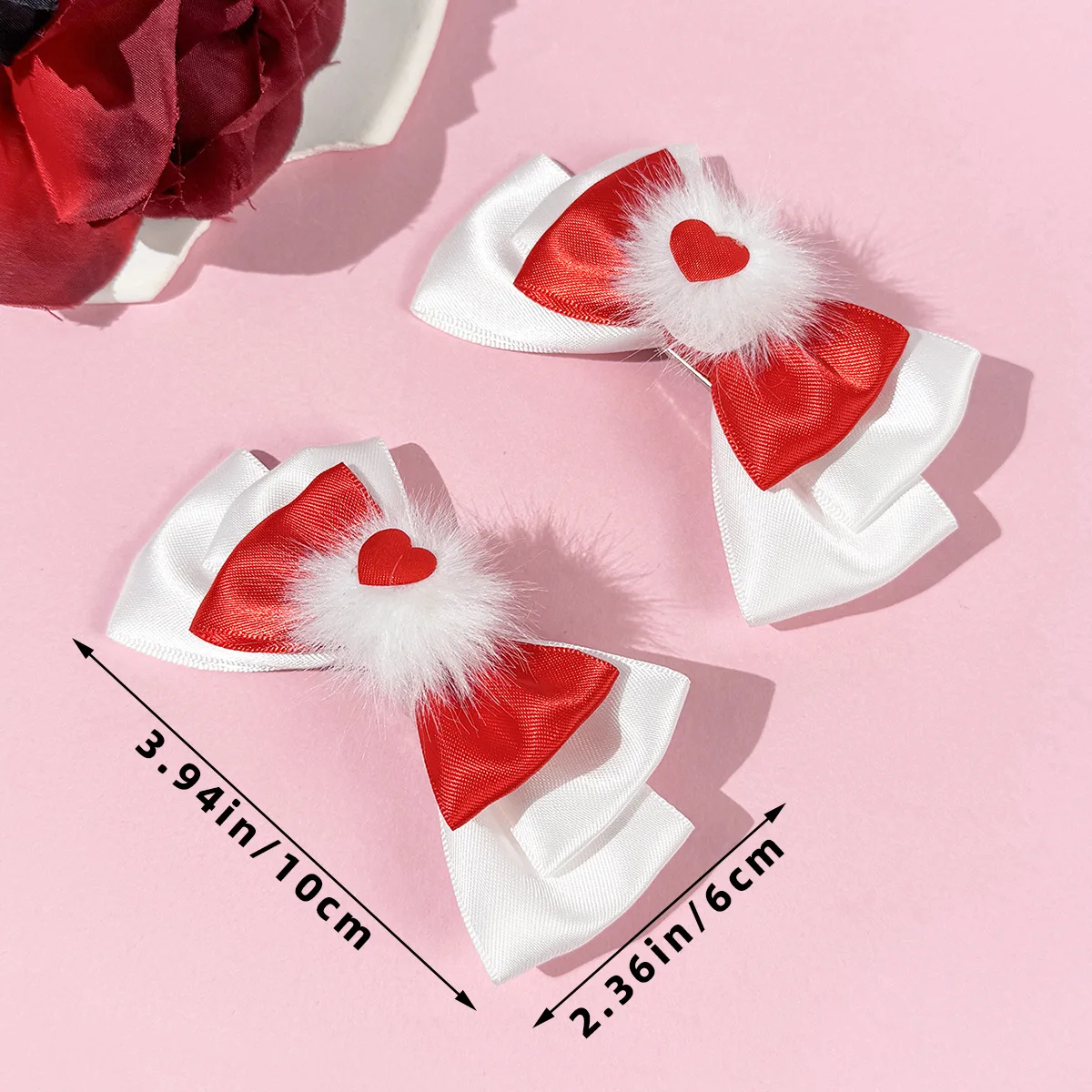 Niedliche Herz-Haarspangen aus Satin für Damen – flauschige modische Haaraccessoires für Alltag/Party/Lolita-Outfits (Rot/Pink/Weiß) – Detail 4