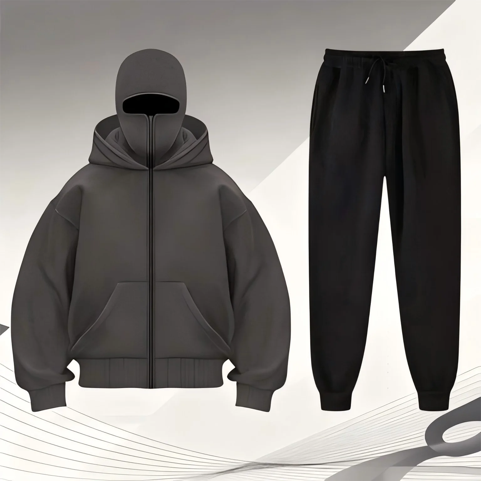 

2026 Новый осенне-зимний мужской свитшот на молнии с капюшоном - Balakrava Street Fashion, ветрозащитный комплект из двух предметов с буквенным дизайном ниндзя