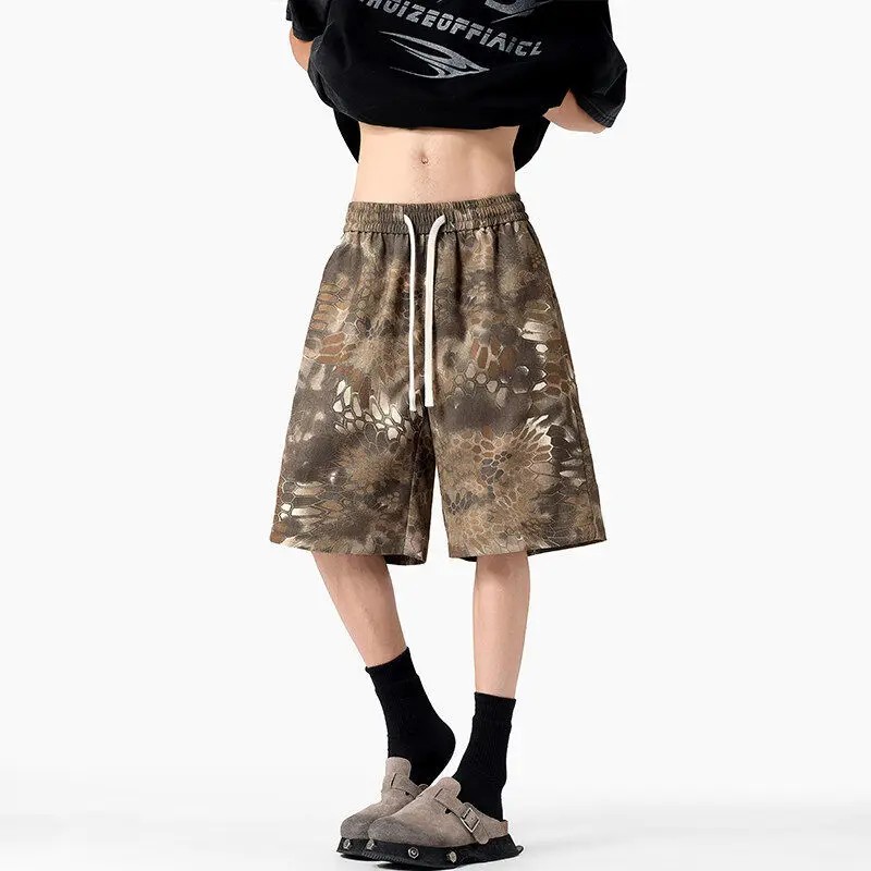 Summer Loose Straight Shorts Men's Basketball Camo Drawstring Vintage 5-Pocket Denim Casual