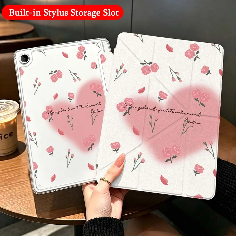 Cartoon Pink Rose Case For Samsung Galaxy Tab A9 A8 A11 S6 S7 S8 S9 S10 FE Plus Lite Transparent Y-Shaped Folding Tablet