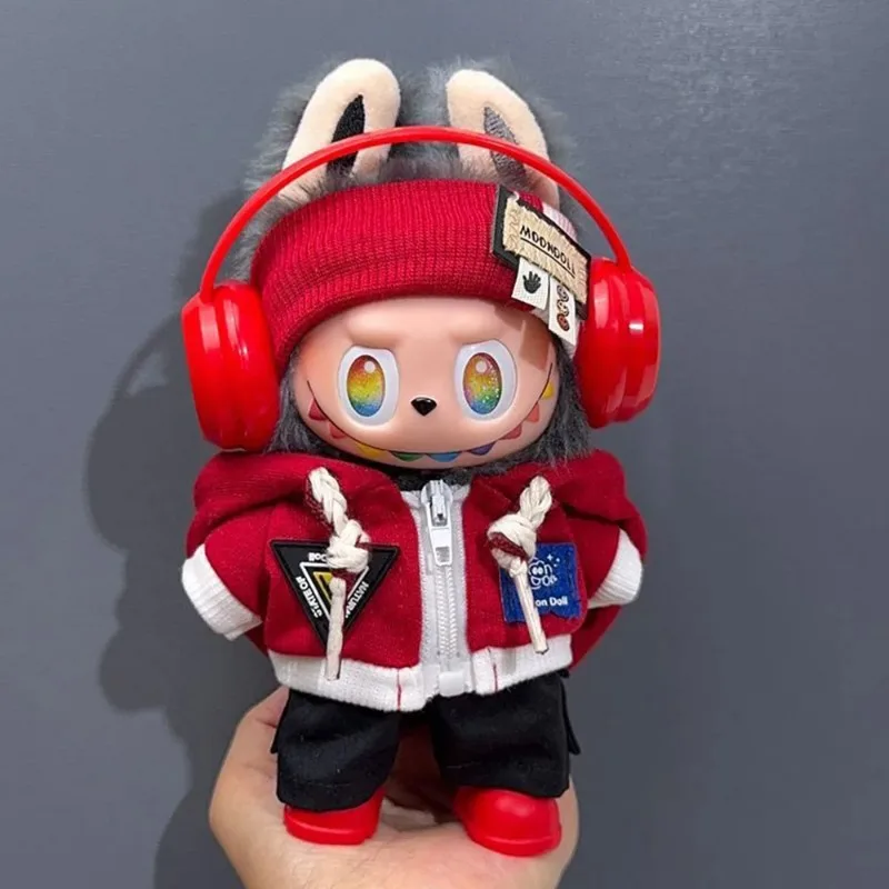 for 15-17cm Labubu Trendy Zipper Hoodie Clothes Headband Pants Set Red Headphones PP Shoes Outfit Clothing Accessories