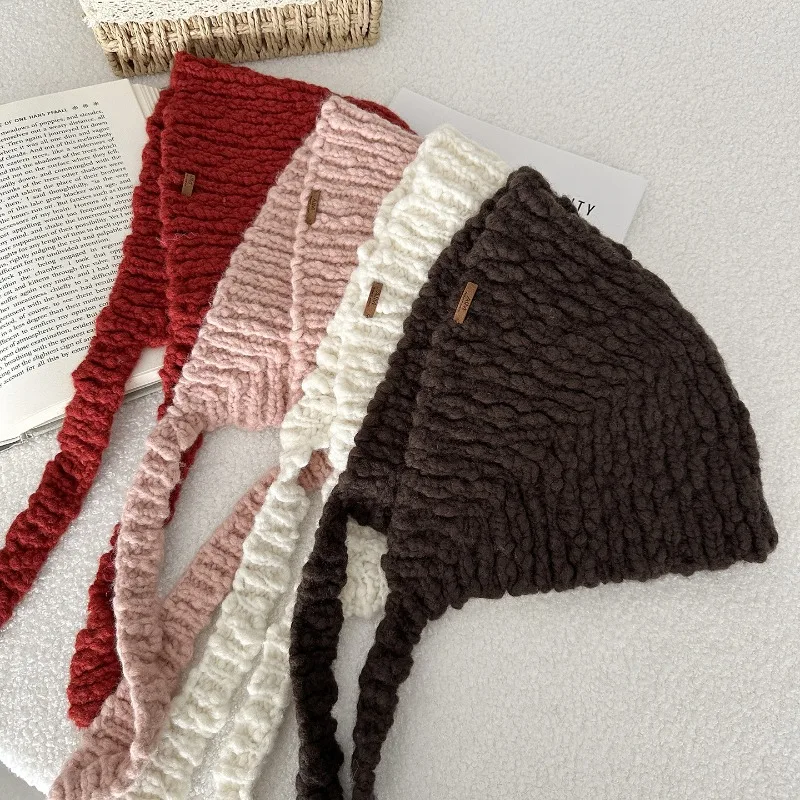 

Корейская дизайнерская шапка-платок из шерстяной смеси, однотонная, милая, стильная, для Instagram, с защитой для ушей, теплая, универсальная, с защитой для шеи