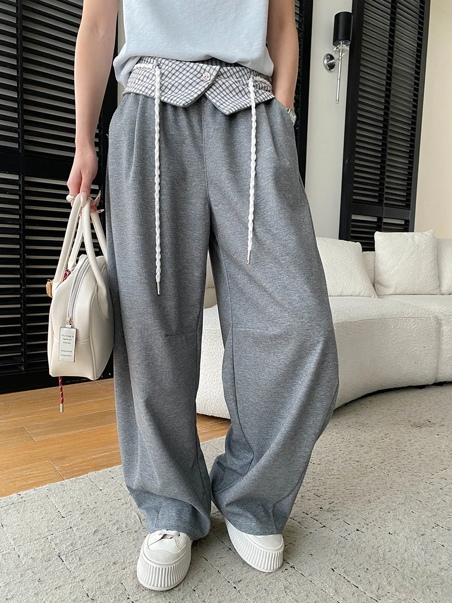 Frühlings- und Sommerhosen für Damen, lässig, einfarbig, abnehmbarer karierter Bund, elastische hohe Taille, schlank machende, weit geschnittene Hose mit geschwungenem Saum. – Detail 14