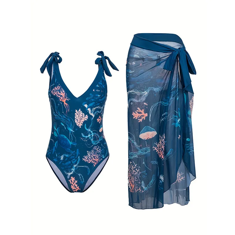 

2025 Ocean Print - Swimsuit Two- Set European and American New Style Sexy Gold Snake Gathered High-End One-Piece Sw