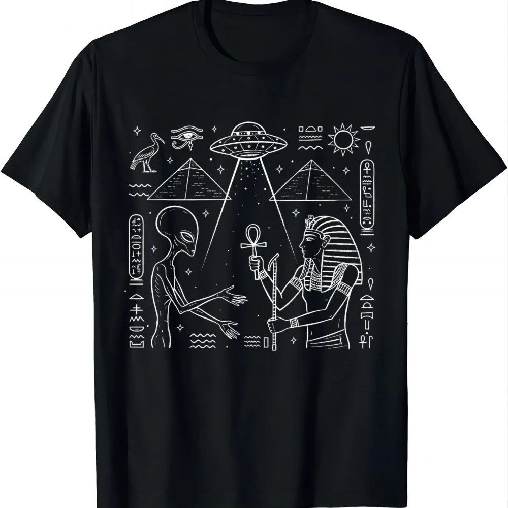 Alien & Ancient Egyptian Pyramid UFO Conspiracy Theory T-Shirt Unisex Summer Streetwear Tops Camiseta Hombre Harajuku