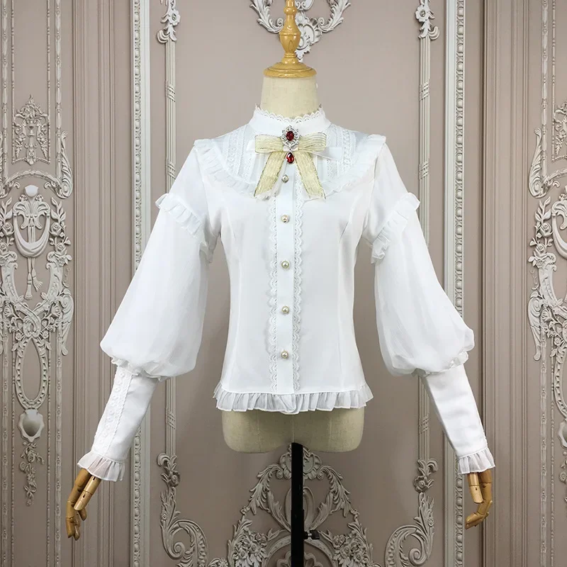 Vintage rękaw w stylu Bishop Lolita Top stójka szyfonowa bluzka