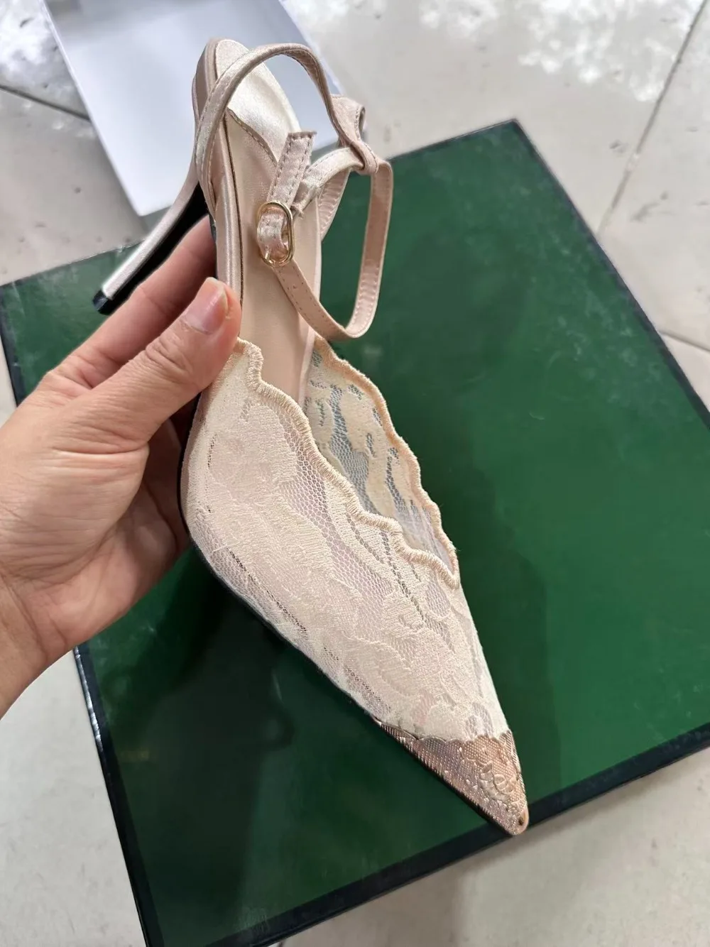 Aneikeh Elegant White Lace Slingback Stiletto Heels Pointed Toe Ankle Strap Buckle Sandals Wedding Party Ladies Dress Pumps
