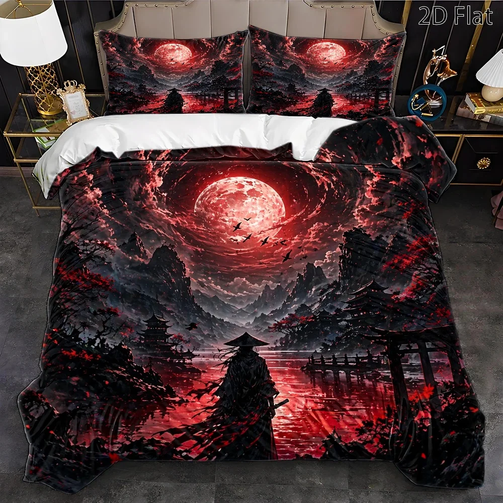 3Pc Dark Warrior Red Moon Ancient Style Quilt Cover Set, Three-Piece Bedding Set (1 Quilt Cover + 2 Pillowcases), Japanese Style Landscape Bedding, Suitable for All Seasons, Machine Washable, Invisible Zipper Double Bed Cover, Universal for Home, Dormitory, Master Bedroom, Guest Room, Large Size Quilt Cover Set