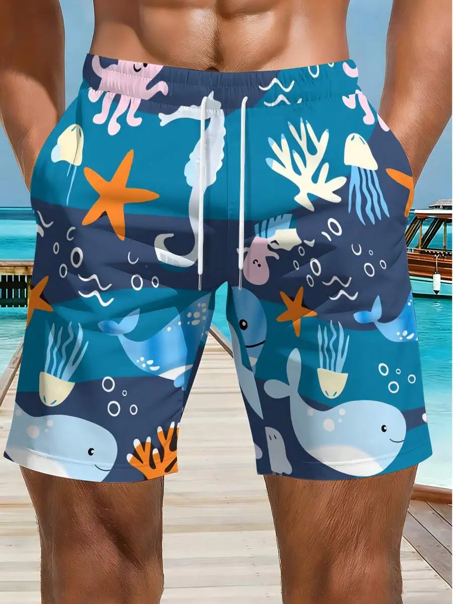 

Mens Ocean Animal Print Beach Shorts With Whale Octopus Seahorse Starfish Quick Dry Casual Swim Trunks