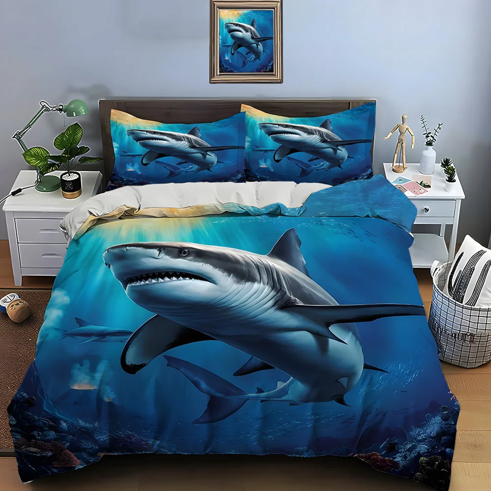 Great white shark swimming in deep sea Print Soft Comfortable Duvet Cover Bedding Set Included 1*Duvet Cover  2*Pillowcases