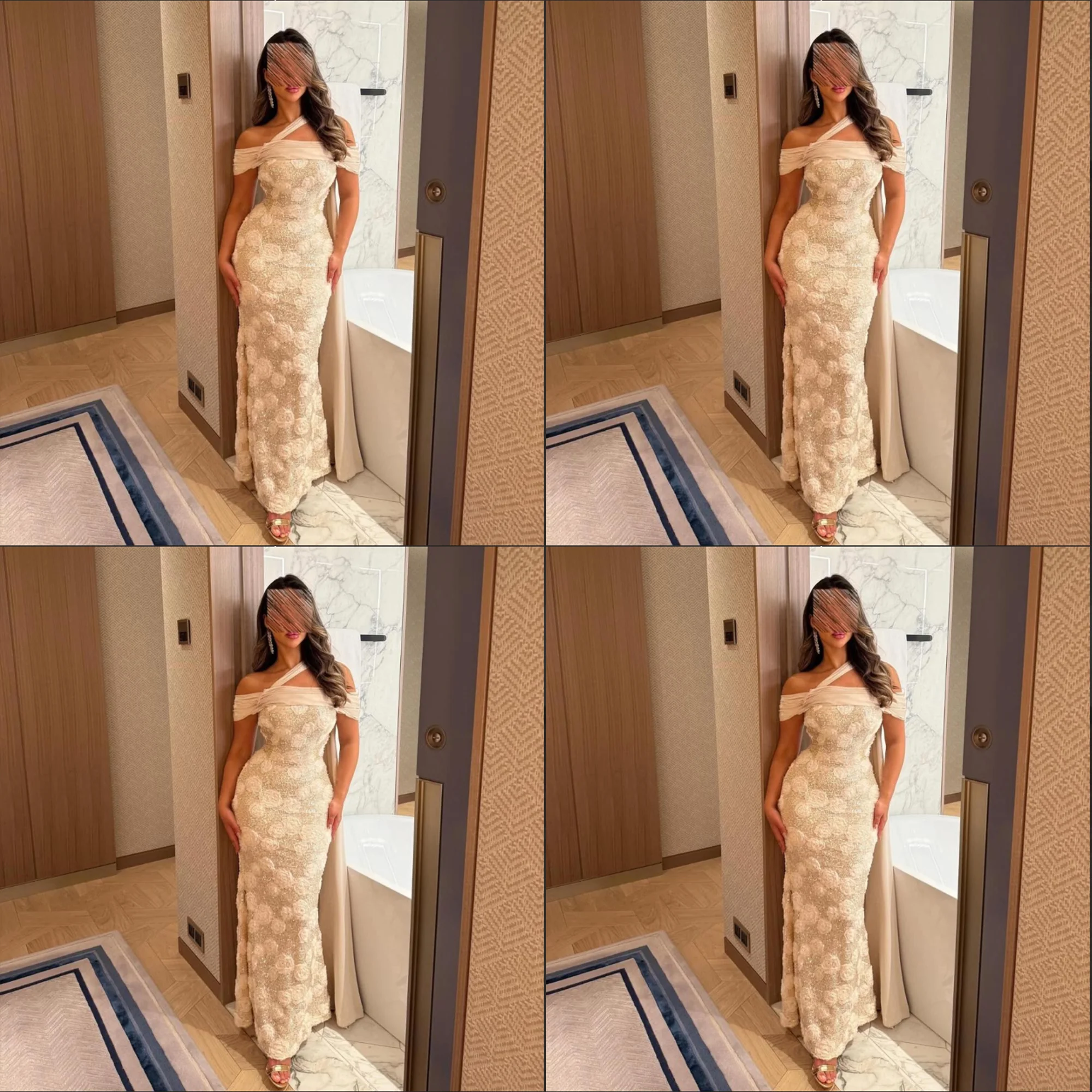 

customized Boat Collar Satin Floral Evening Dress Sequins Lace Sheath Backless Ankle-Length Backless Prom Gown Long Party Dress