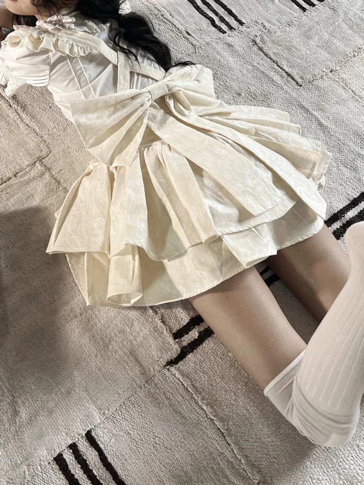 DEEPTOWN Kawaii Lolita Skirt Women Japanese Fashion High Waist A-line Bow Bandage Vintage Mini Ruffles Suspender Skirt Summer