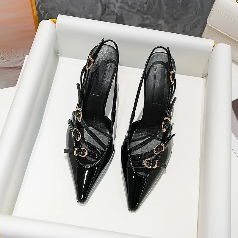 Neue Sommer-Damen-High-Heels, Zehenkappen-Lackleder-Schnallenriemen, Sandalen mit Katzenabsatz, sexy rückenfreie High Heels – Detail 9