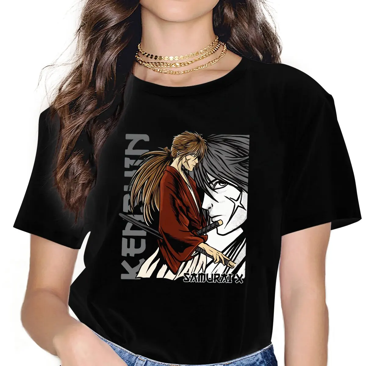 Women Kenshin Himura Samurai X Anime T Shirts Rurouni Kenshin Manga Tops Novelty Short Sleeve Round Collar Tees